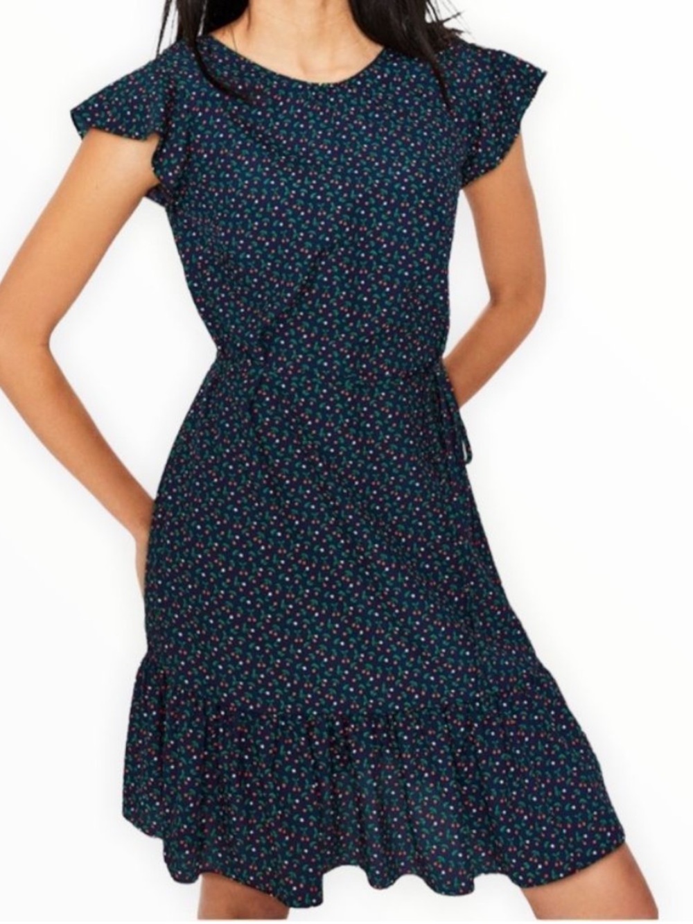 Boden Cynthia navy cherry print flounced dress, ruffle hem size 8